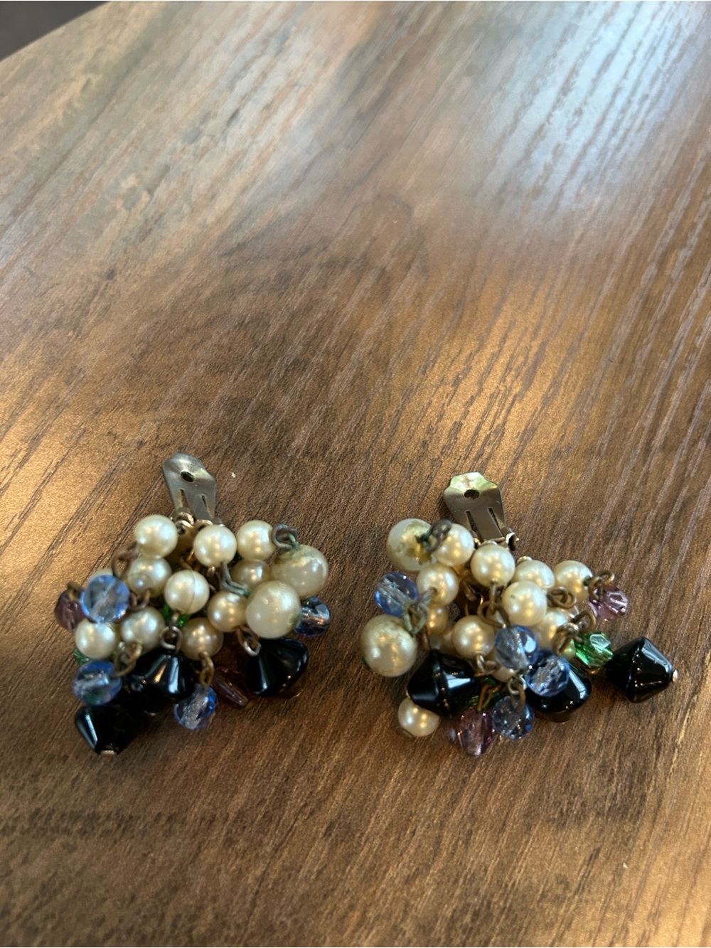 Vintage Cluster Pearl and Crystal Drop Clip Earrings - Black, Blue and Ivory